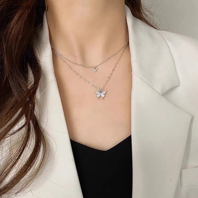 Mornin Perhiasan Kalung Rantai Klavikula Lapisan Ganda Zircon Butterfly Pendant Necklace Untuk Aksesoris Wanita id