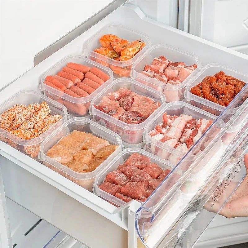 Kotak Penyimpanan Kompartemen Daging Beku Kulkas Dengan Tutup/Wadah Penyimpanan Makanan Segar Sayur Buah/Freezer Food Preparation Organizer/Sealed Fresh-keeping Distribute Box