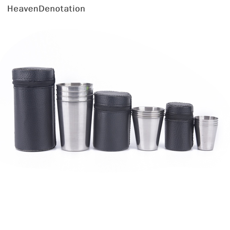 [HeavenDenotation] 4pcs Stainless Steel Cover Mug Camping Cangkir Minum Kopi Teh Bir Dengan Case HDV