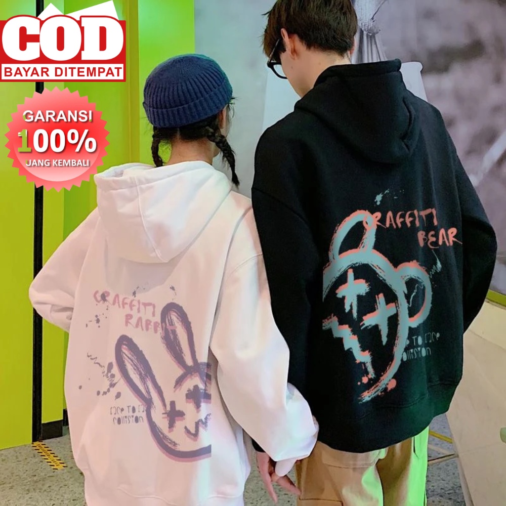 PROMO COD HOODIE GRAFFITY BEAR DAN GRAFFITY RABBIT Hoodie Pria Wanita Pasangan Kawaii Hoodie Cowok Cewek Kaus Gaya Korea Graffiti Rabit &amp; Bear Hitam Hoodies Harajuku Longgar Pullover Kaus Pacar Hadiah 2023 Baru Kapelan Pasangan Cewek Cowok Distro Original