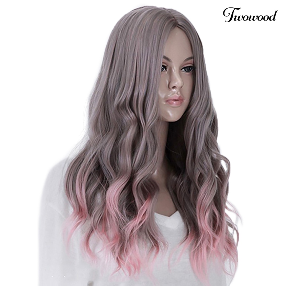 Twowood Lolita Mix Grey Pink Centre Parting Cosplay Rambut Panjang Keriting Bergelombang Full Wig