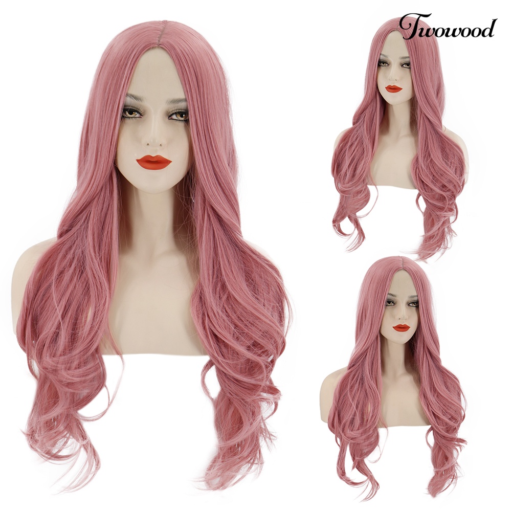 Twowood Wanita Tahan Panas Panjang Keriting Rambut Orange Pink Pesta Wig Ekstensi Sopak