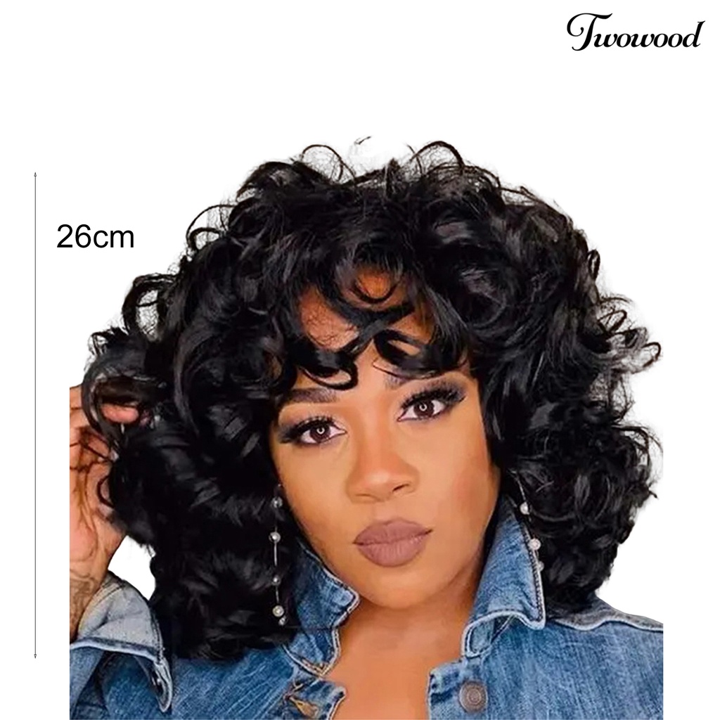 Twowood Curly Hair Wig Fashion Mudah Dipakai Berbulu Trendi Kosmetik Sehat Aksesori Suhu Tinggi Sutra Poni Panjang Keriting Wanita Wig Untuk Kehidupan Sehari-Hari