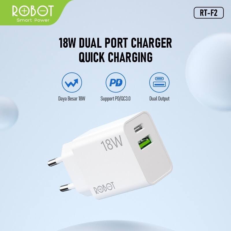 (Robot RF2) Original Adaptor Kepala Charger 18W QC3.0 + PD Fast Usb C Adapter Charger Robot Compatible XR/ XS Max/ 11 Pro.