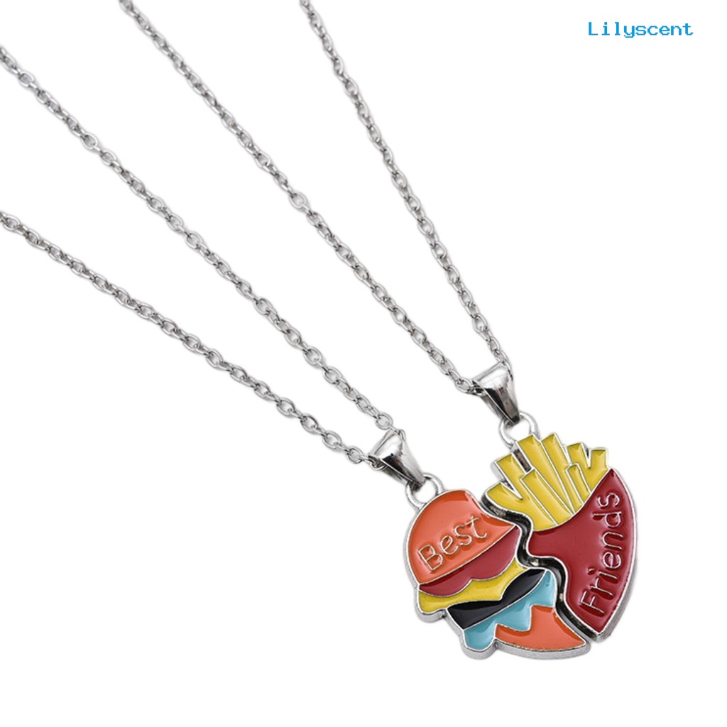 [LS]2Pcs/Set Couple Kalung Sahabat Berbentuk Hati Kalung Hamburger Kentang Goreng Patchwork Desain Kalung Perhiasan Aksesoris