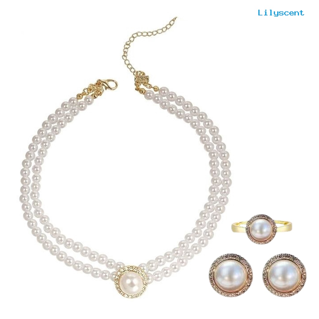 [LS]1 Set Kalung Pengantin Gaya Perancis Vintage Temperamen Double Layer Elegan Hadiah Hypoallergenic High Gloss Mutiara Imitasi Anting Cincin Perhiasan Pernikahan