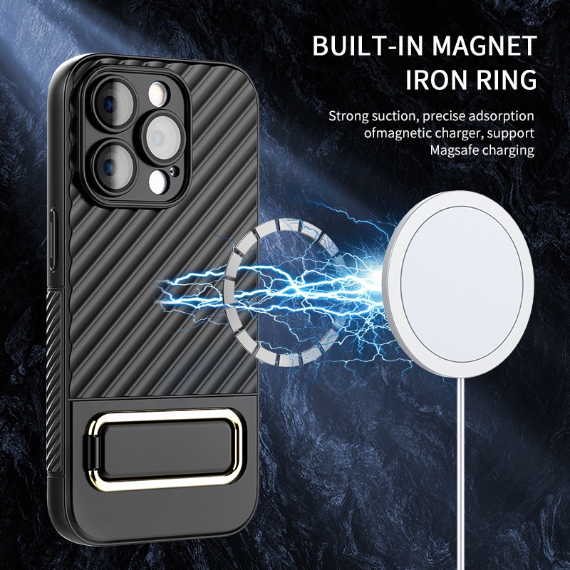 IPHONE Wireless Magnetic Charging Phone Case Phone Holder Untuk Iphone14 12 13 11 Pro max XS XR XR 14plus Proteksi Kamera Ponsel Pola Gelombang Tiga Dimensi Penutup Belakang