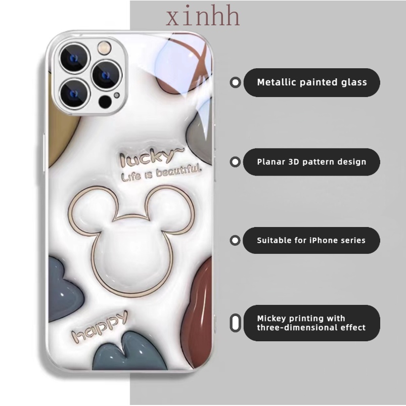 IPHONE Casing Kaca Datar 3D Cocok Untuk Iphone14 13 12 11 Pro Max Cat Metalik Motif Kartun Mickey Casing Pelindung