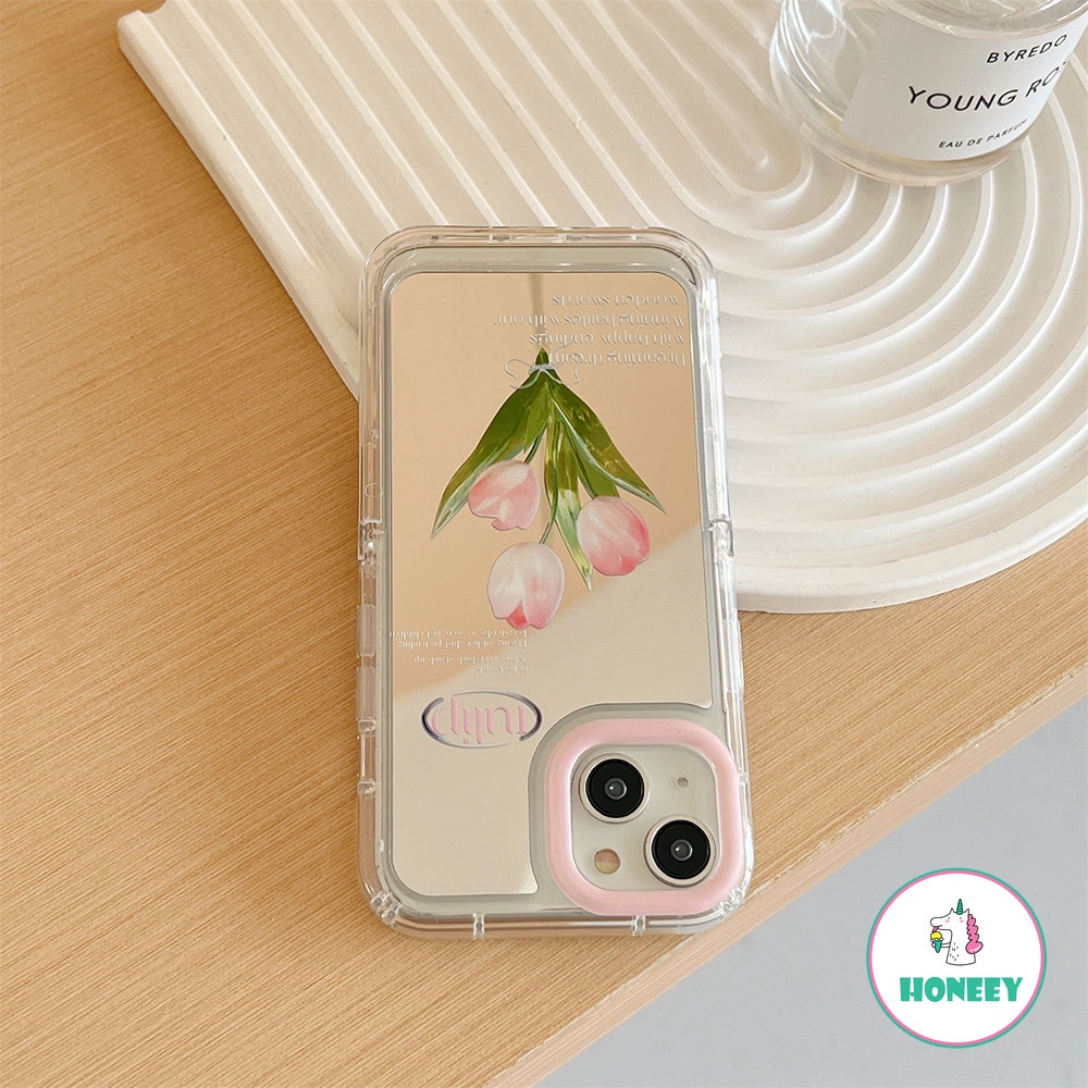 Pink Tulip Cermin Rias Tak Terlihat Stand Phone Case Kompatibel Untuk Iphone14 13 12 Pro Max Case iPhone 11 Pro Max Shockproof Back Cover