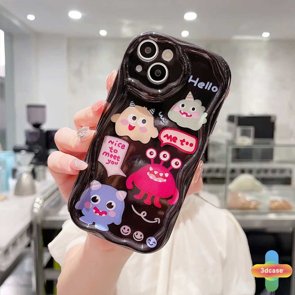 Kartun Lucu Monster Kecil Cover Kompatibel Untuk IPhone 7Plus XR 14 11 12 13 Pro Max X 7 8 6s 6 Plus XS Max SE 2020 3D Wavy Curved Edge Glossy Shockproof Soft Case