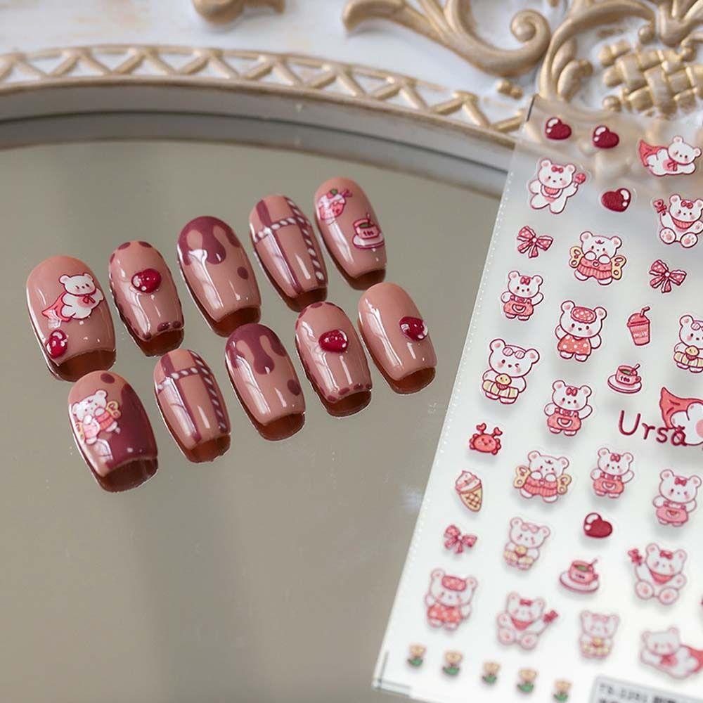 Mxbeauty Stiker Kuku Lucu Relief Love Hati Manicure Kelinci Kartun Dekorasi Kuku Untuk Wanita