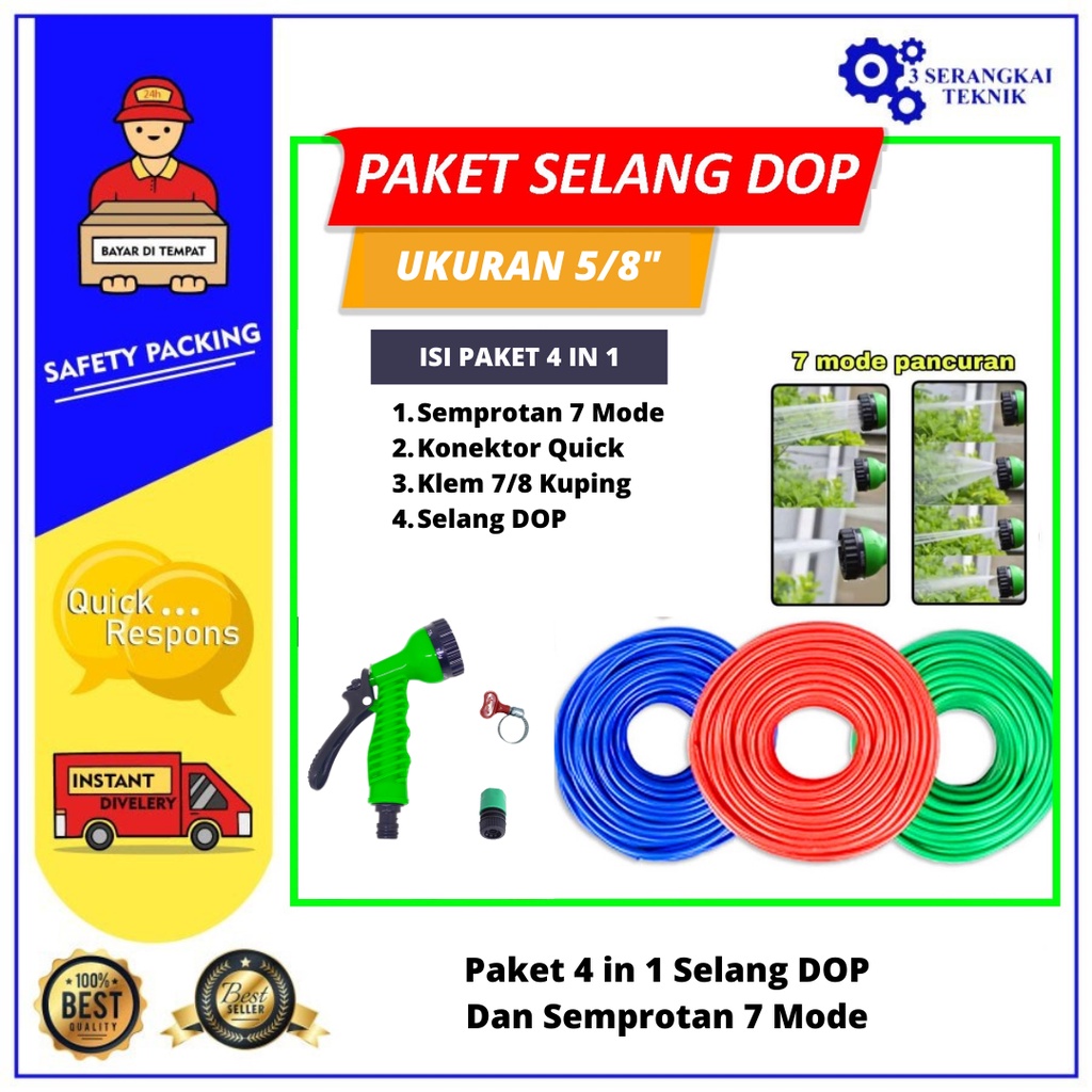 Paket 4 In 1 Selang DOP 5/8 Inch Dan Semprotan 7 Mode Siap Pakai
