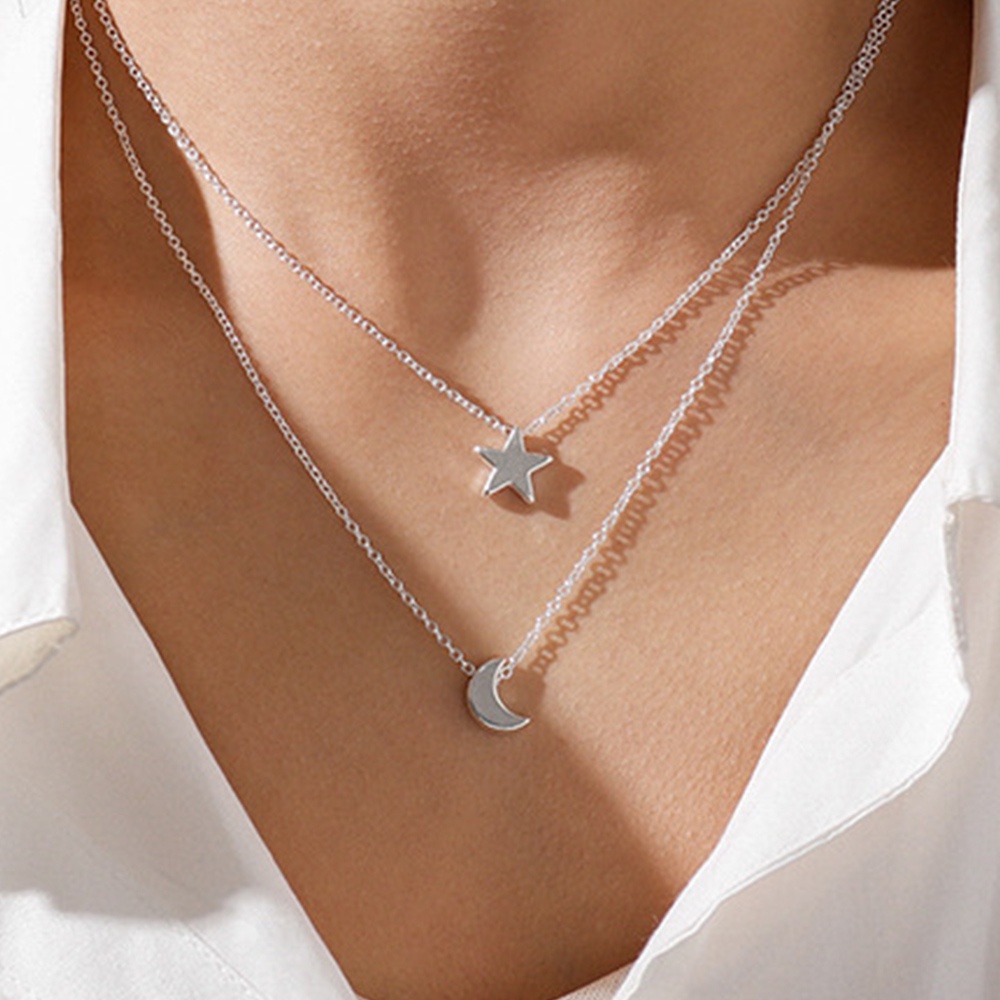 Kalung Liontin Bulan Bintang Lapis Emas Perak Choker Rantai Klavikula Untuk Wanita Perhiasan Logam Hadiah Pesta Ulang Tahun