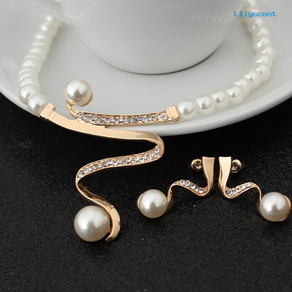 [LS]Rhinestone Faux Pearl Beaded Necklace Stud Earrings Set Perhiasan Pernikahan Pengantin