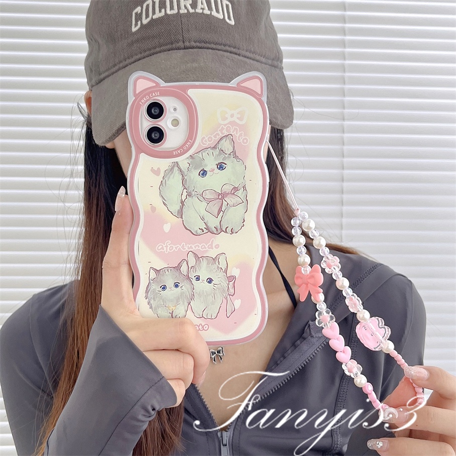 Compatible For iPhone 14 13 12 11 Pro Max X XR Xs Max 8 7 6 6s Plus SE 2020 Kompatibel Untuk Cute Pink Telinga Kucing Phone Case Clear Soft Cover Pelindung Dengan Rantai