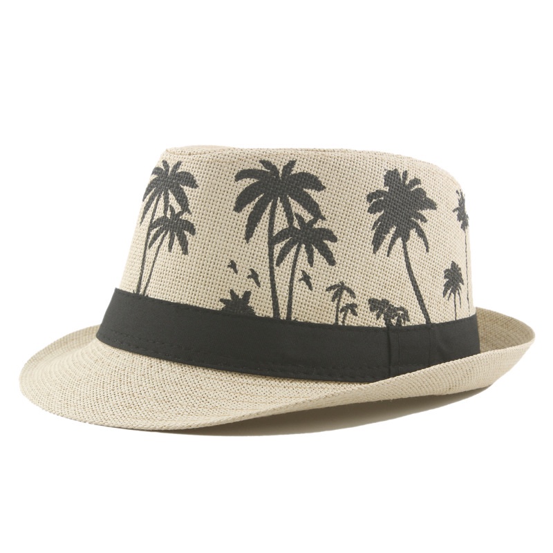 Topi Jazz Pria Palm Print Coconut Curly Straw hat Liburan Topi Matahari Pantai