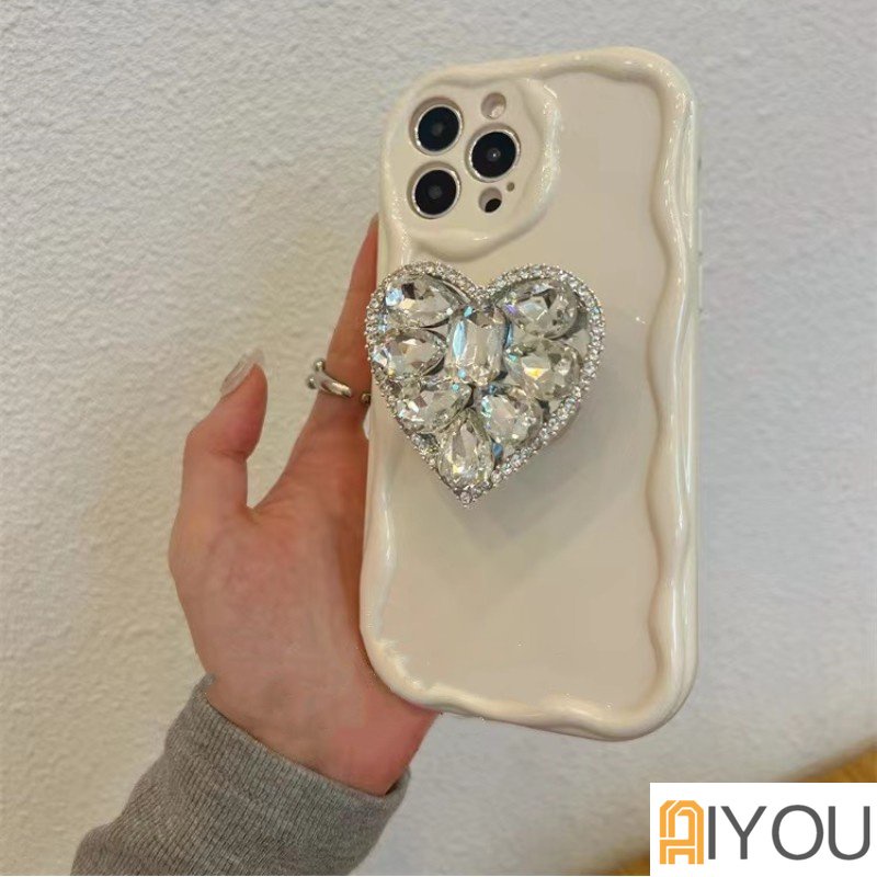 IPHONE Mewah Bling Berlian Love Heart Phone Grip Tok Griptok Korea Holder Phone Case Untuk Iphone11 12 13 14 Pro Max7 8 Plus 11Pro X XR XS MAX Se2020 2022 Casing Ponsel Gelombang Lucu