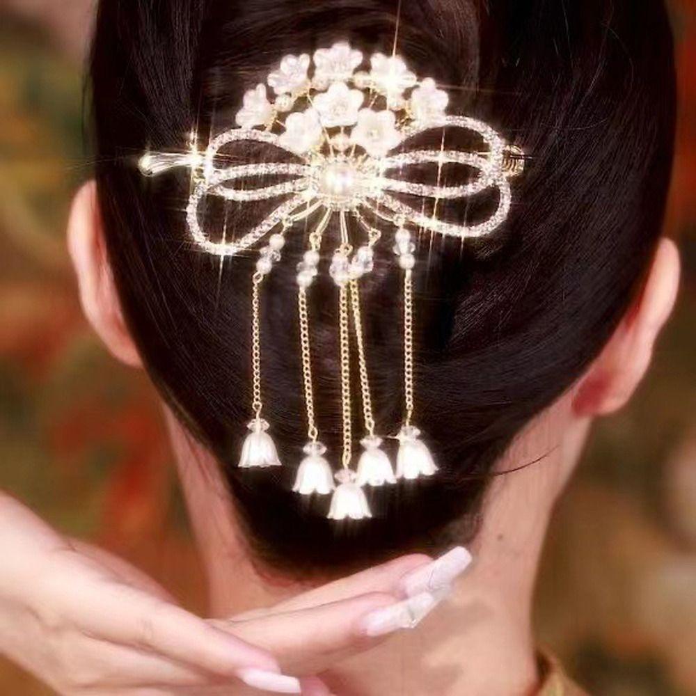 Needway Wanita Ponytail Holder Bow Knot Elegan Bell Bunga Anggrek Berlian Imitasi Alloy Gaya Cina Klip Rambut Untuk Hadiah Ulang Tahun