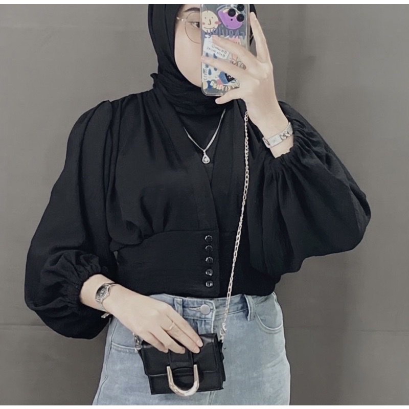 MAURIN CROP TOP BLOUSE SEMI OUTER CRINCLE SHEILA AIRFLOW CRINGKEL BIANCA KOREAN STYLE TERBARU REMAJA KEKINIAN KRINGKEL LENGAN PANJANG MUSLIM