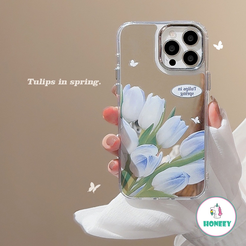 IPHONE Ins Korea Biru Gradiasi Tulip Makeup Cermin Ponsel Case Untuk Iphone14 11 12 13 Pro Max 14plus Bunga Yang Indah Tahan Guncangan Lembut Penutup Belakang