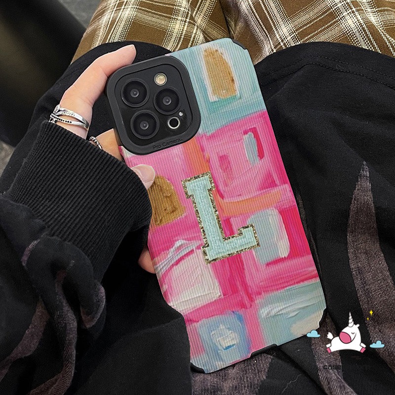 IPHONE Case Huruf Jahitan Warna Graffiti Artistik Kompatibel Untuk Iphone7 8 Plus XR X11 14 12 13 11 Pro MAX XS MAX Simple Cinta Hati Pink Gradasi Tekstur Kulit Lembut Shockproof Case