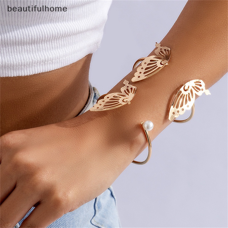 {beautifulhome} Fashion Berongga Kupu-Kupu Mutiara Terbuka Dapat Disesuaikan Gelang Set Perhiasan Pesta Wanita.