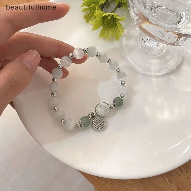 {beautifulhome} Ins Style Imitasi Opal Gelang Vintage Abu-Abu Moonston Gelang Karakter Cina Buatan Tangan Gelang Jimat Perhiasan Aksesoris Hadiah Ulang Tahun.