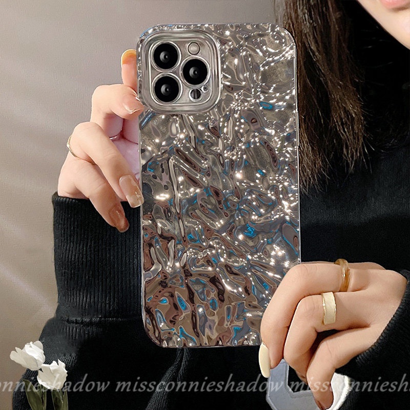 Casing Ponsel Padat Simple Mewah Kompatibel Untuk IPhone Xr12 11 13 14 Pro Max 7Plus 8Plus X XS Max6 6s 7 8 Plus SE 2020warna Anti Jatuh Sarung Kerut Logam Elektroplate Canggih