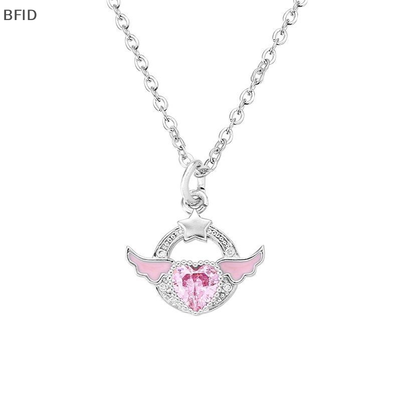 [BFID] Warna Perak Kristal Sayap Malaikat Hati Liontin Kalung Wanita Gadis Sederhana Pink Zirkon Cinta Elegan Kalung Wanita Perhiasan [ID]