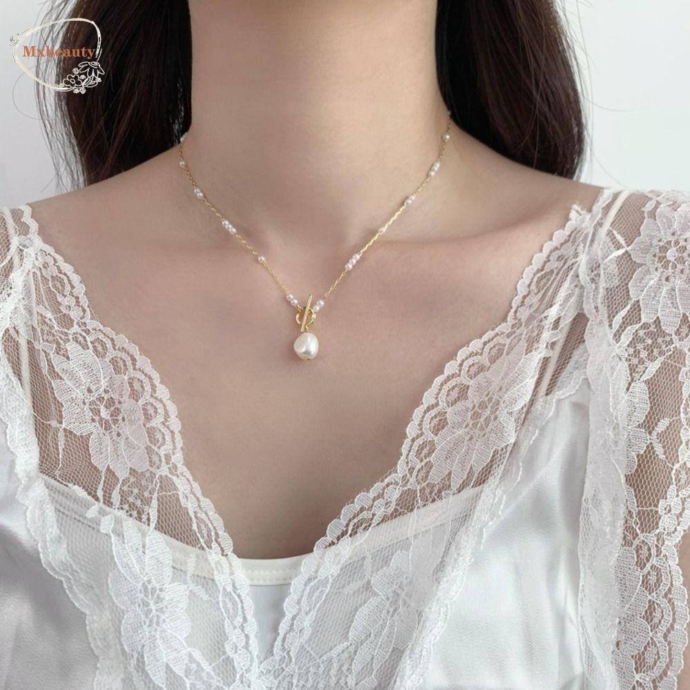 Mxbeauty Kalung Tulip Desain Niche OT Clasp Lock Gaya Korea Kalung Manik Geometris Rantai Mutiara Imitasi Untuk Wanita