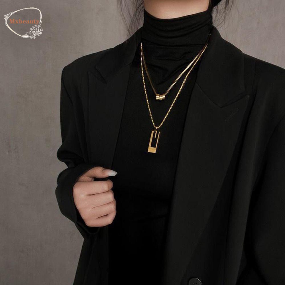 Mxbeauty Kalung Pria Trendi Unik Rantai Klavikula Persegi Plat Tergantung Pasangan Bola Kecil Titanium Steel Sweater Chain