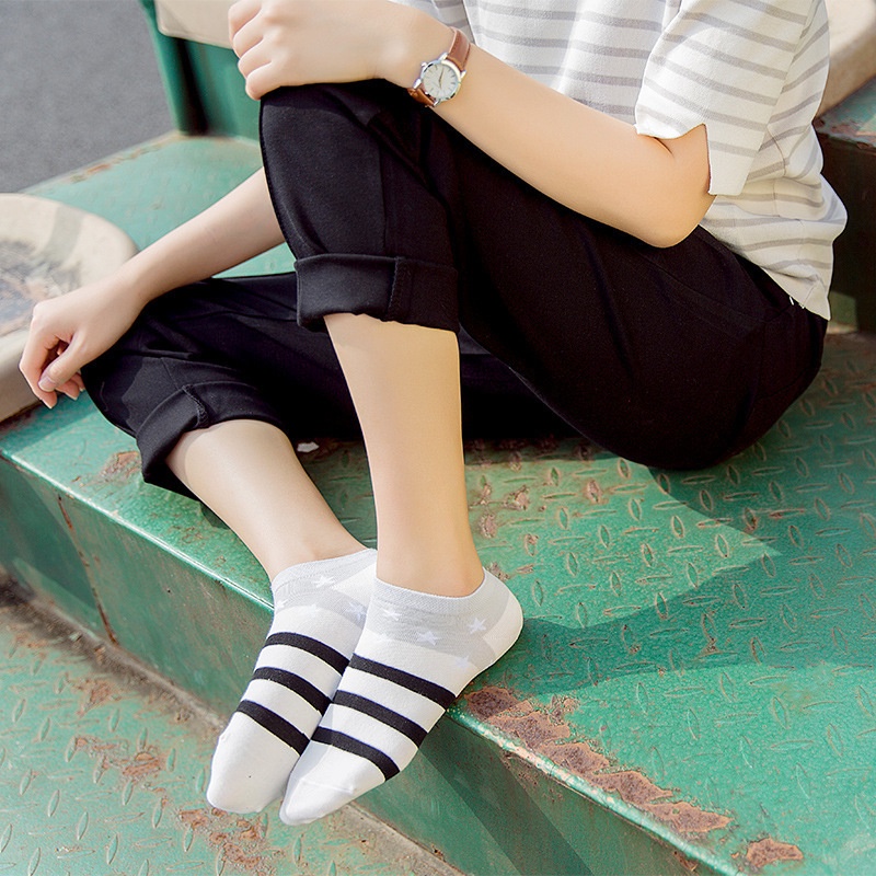 MMM Kaos Kaki Pendek Motif Garis Bintang Kaoskaki Model Star And Line 6803 Kaus Kaki Fashion Korea Jepan Women Sock Sarung Kaki Pendek Wanita Ankle Socks Import Murah