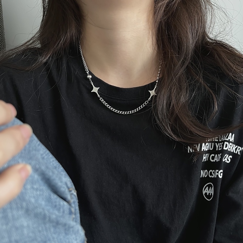 Papaozhu Keren Y2K Stainless Steel Bola Kecil Rantai Bintang Choker Kalung Untuk Wanita Pria Unisex Fashion Punk Chunky Tulang Selangka Chain Necklaces Perhiasan Hadiah