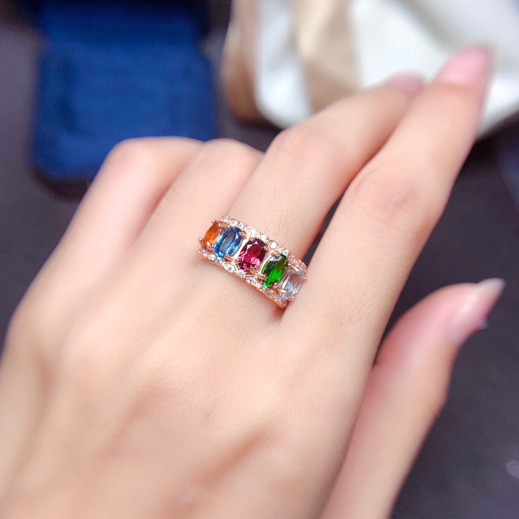 [FRA] Imitasi natural multi-treasure crystal ring Cincin Voli Wanita Dengan Variasi Harta Berwarna open rings