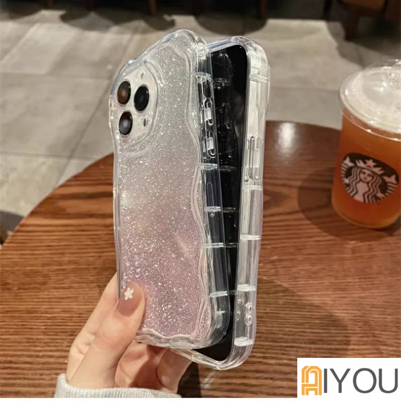 IPHONE Ins Gradiasi Glitter Bening Ponsel Case Untuk Iphone14 13 12 11 Pro Max X XR Xs7 8 Plus S2022 Curly Wavy Frame Shockproof Cover