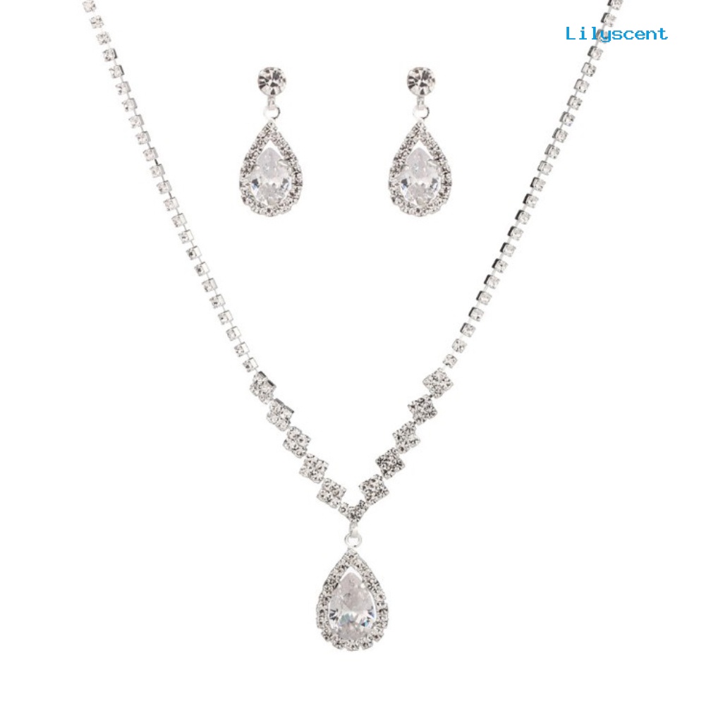 [LS] Elegan Lady Teardrop Berlian Imitasi Menjuntai Rantai Kalung Kait Anting Set Perhiasan