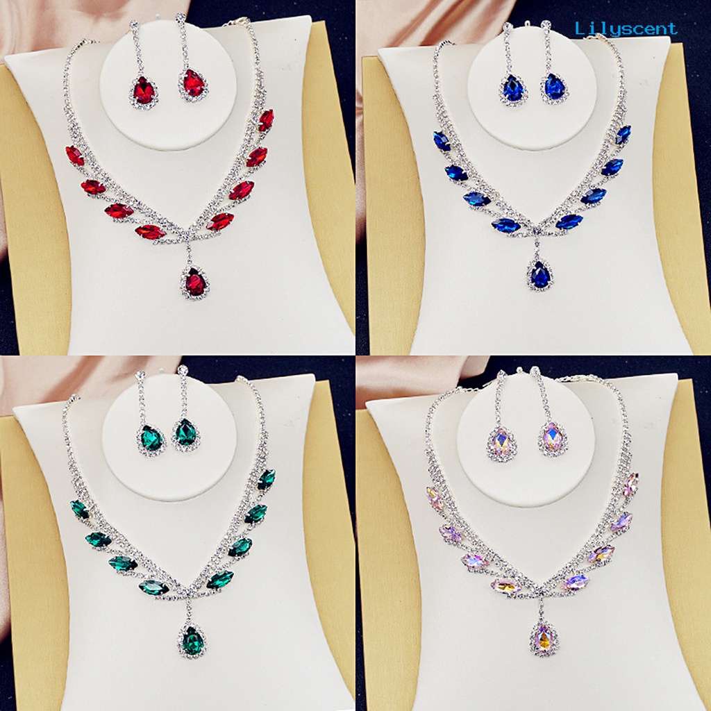 [LS]1 Set Kalung Anting Pengantin Perhiasan Berlian Imitasi Bentuk Tetesan Air Electroplating Sparkling Jewelry Set Untuk Pernikahan