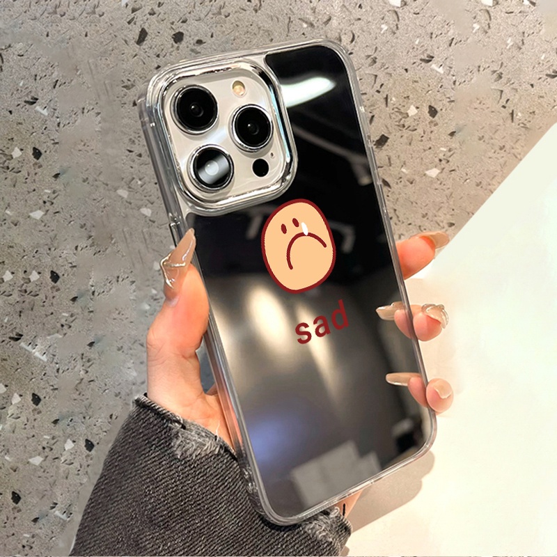 IPHONE Sad Emoji Mirror Phone Case Kompatibel Untuk Iphone11 12 13 14 12Pro 13Pro 14Pro Pro Max XR X XS Max Electroplating Tombol Perlindungan Mirror Cover