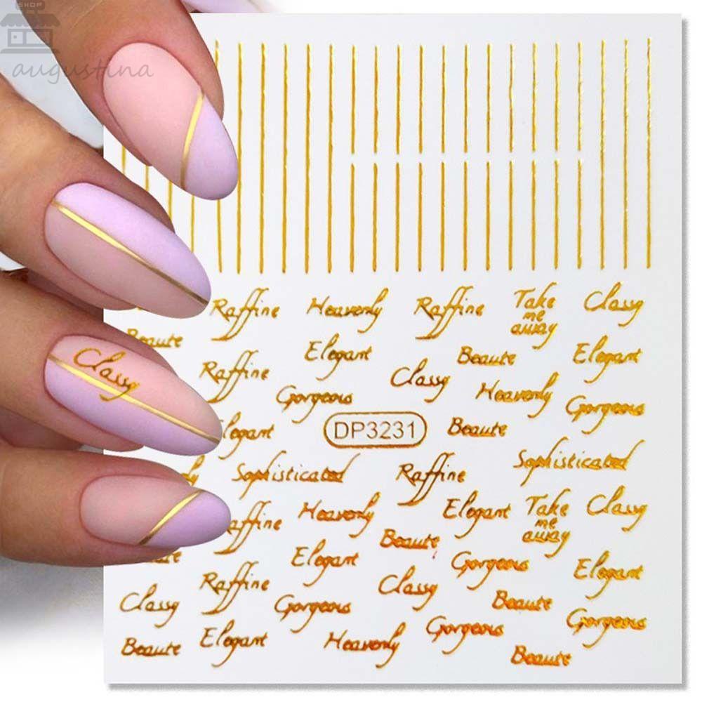 AUGUSTINA Agustina Bronzing Stiker Kuku Cinta Hati Self Adhesive Bronzing Huruf Inggris Garis Geometris Dekorasi Nail Art