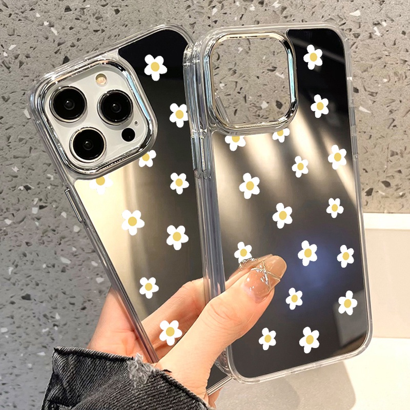 IPHONE Casing Ponsel Cermin Daisy Kecil Kompatibel Untuk Iphone11 12 13 14 12Pro 13Pro 14Pro Pro Max XR X XS Max Electroplating Tombol Perlindungan Mirror Cover