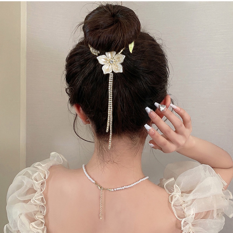 Bunga Rumbai Berlian Imitasi Jepit Rambut Mutiara Imitasi Gesper Klip Gaya Kuno Resin Sintetis Hiasan Kepala Elegan Hair Clip Aksesoris Ponytail Holder