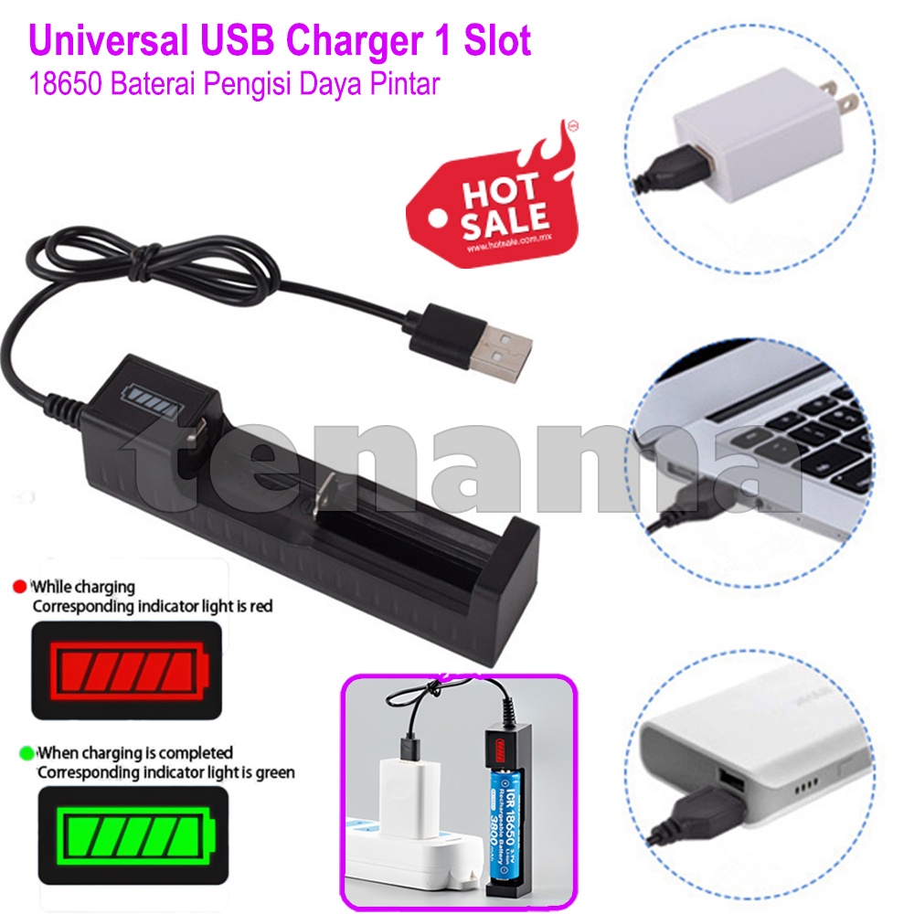 Universal USB Charger 1 Slot 18650 Battery Pengisi Daya Pintar Li-ion