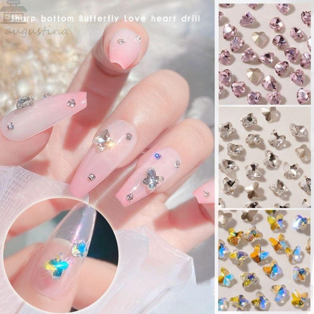 AUGUSTINA Agustina Paku Pesona Kupu-Kupu Kristal Hiasan Kuku Salon Kuku Manikur Aksesoris Menunjuk Bawah Nail Art Berlian Imitasi