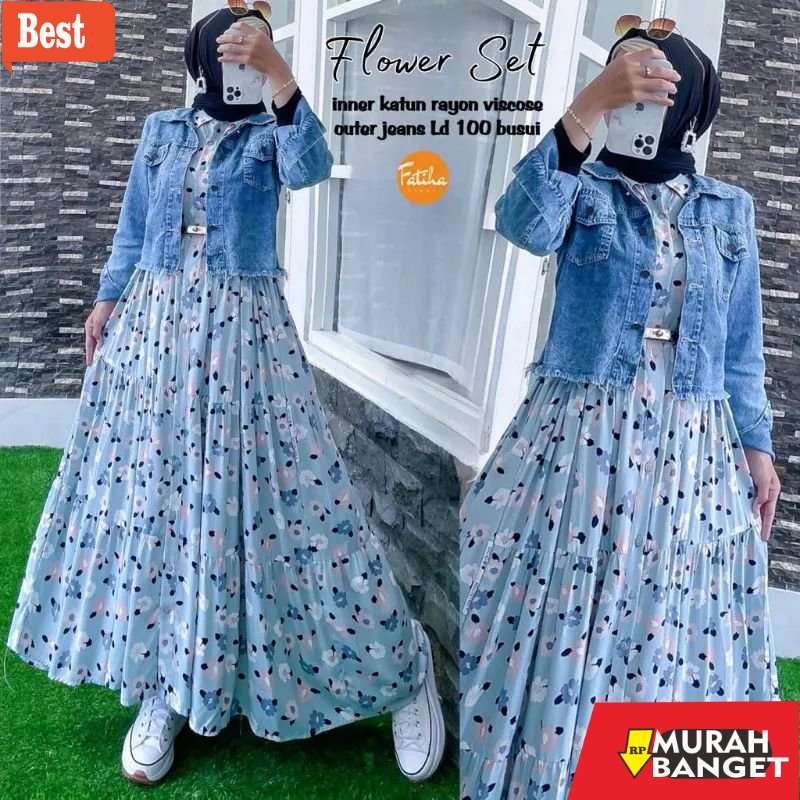 Jaket denim wanita terbaru- Gamis Flower Set Jaket Terbaru/One Set Inner Jaket Jeans