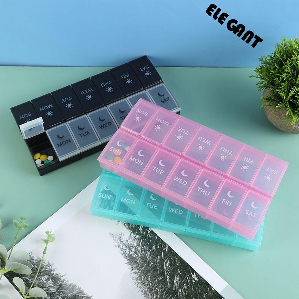 【 ELEGANT 】 Kotak Pil Mingguan Wadah Penyimpanan Tablet Pagi Petang Nyaman Portable Organizer Obat Vitamin 7hari Pill Box