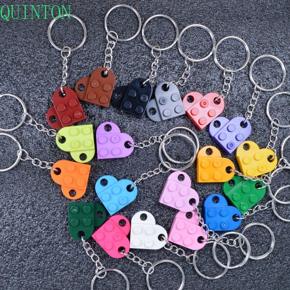 QUINTON Cinta Hati Bata Gantungan Kunci Lucu 1pasang Untuk Pasangan Persahabatan Liontin Hadiah Ulang Tahun Gantungan Kunci Mobil Fashion Perhiasan Ornamen Blok Bangunan Kunci Gesper