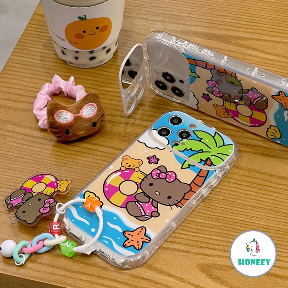 IPHONE Musim Panas Pantai Kitty Flip Mirror Phone Case Kompatibel Untuk Iphone14 Pro 13 12 Pro Max Case Iphone11Tempat Sederhana Shockproof Back Cover