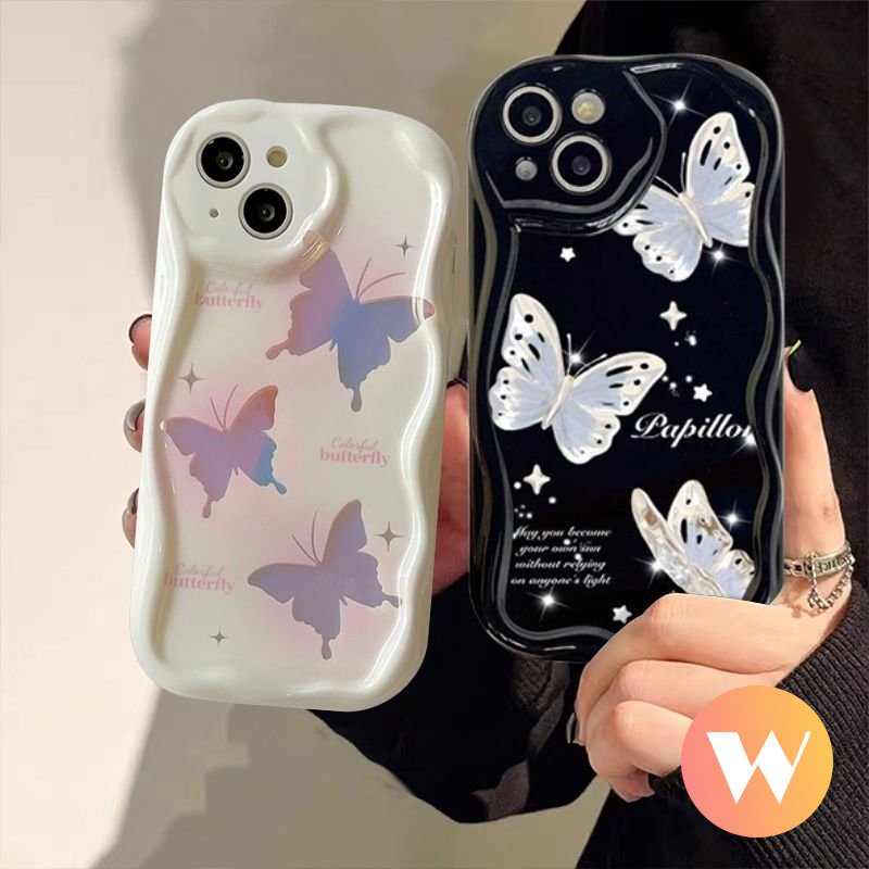 Casing Ponsel 3D Wavy Curved Edge Kompatibel Untuk IPhone 13 12 14 11 Pro MAX 6S 7 6 8 Plus Se2020 7Plus XR XS X MAX INS Korea Glitter Fantasy Retro Lucu Indah Butterfly Case