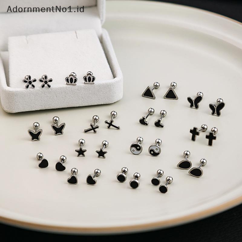 [AdornmentNo1] Perak hitam hati bintang bulat kecil anting tusuk untuk wanita Ear Studs Jewelry