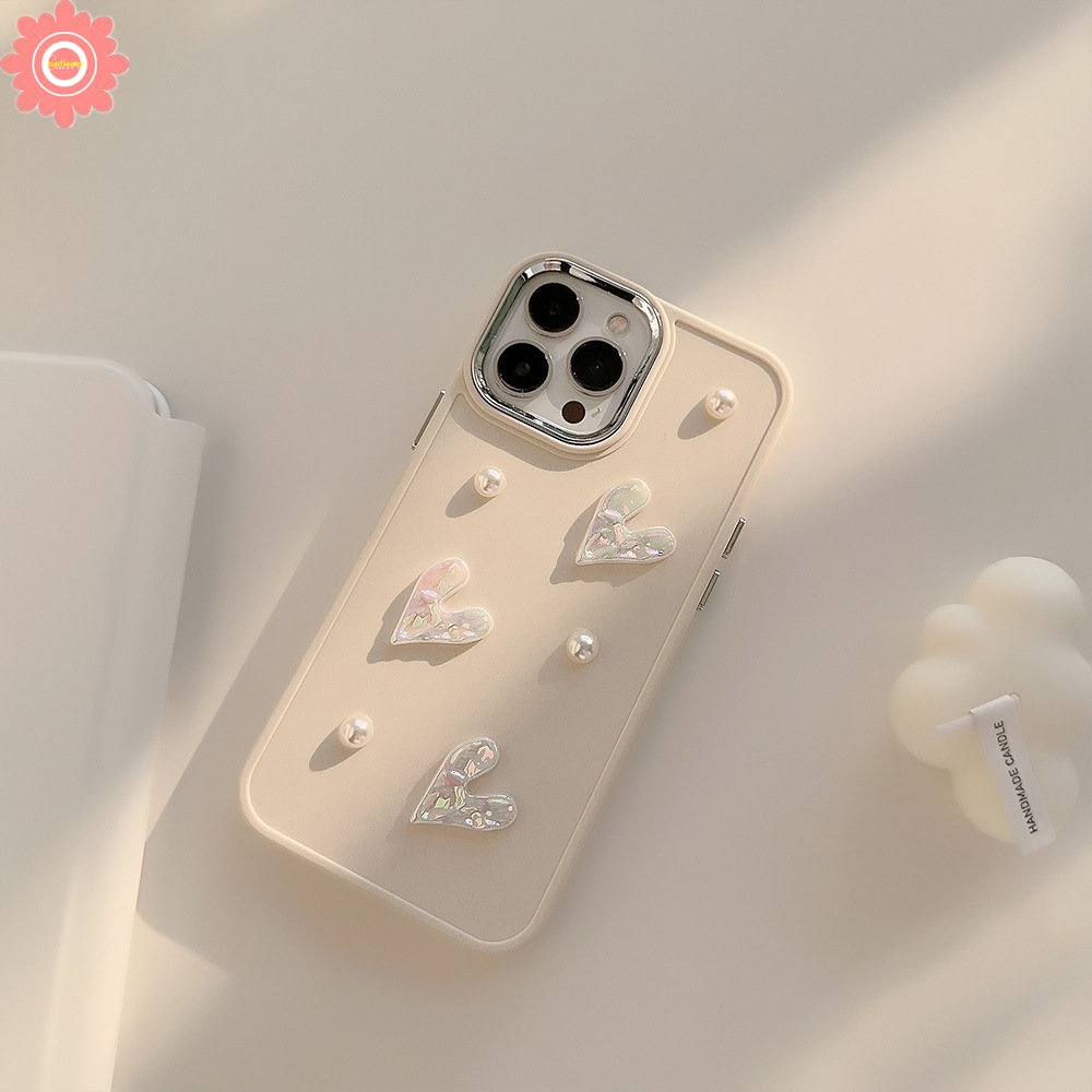 3D Pearl Romantic Love Heart Electroplate Case Compatible for IPhone 11 13 14 12 Pro Max 7plus 8plus XR X 7 8 14 Plus XS MAX Luxury Solid Color Plating Shockproof Soft Case